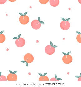 Seamless pattern of peach fruit with green leaves on white background vector illustration.