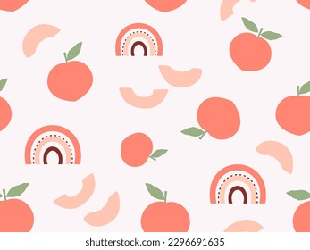 Seamless pattern of peach fruit with green leaves and cute rainbows on pink pastel background vector illustration.