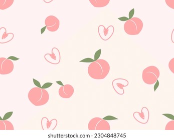 Patrón sin foco de fruto de melocotón con hojas verdes en la ilustración vectorial de fondo rosa pastel. Huella de fruta.