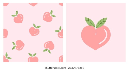 Seamless pattern of peach fruit with green leaf on pink background vector illustration. Heart shape peach icon. 