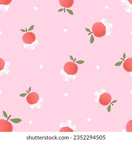 Seamless pattern of peach fruit with green leaf, whipped cream and small hearts on pink background vector illustration. Cute fruit print.