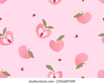Seamless pattern of peach fruit with green leaves and red hearts on pink background vector illustration. Cute fruit print.