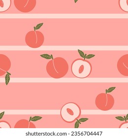 Seamless pattern of peach fruit with green leaves on stripe pink background vector illustration. Cute fruit print.