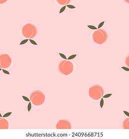 Seamless pattern with peach fruit and green leaf on pink background vector illustration.