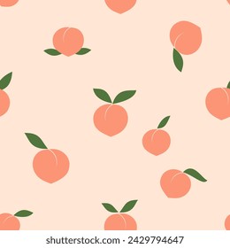 Seamless pattern of peach fruit with green leaf on orange background vector illustration. Cute fruit print.