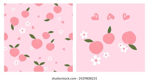 Seamless pattern of peach fruit with green leaf, cute flower and hand drawn hearts on pink background. Set of pink peach fruit icon sign vector.