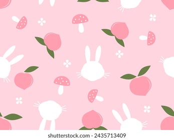 Seamless pattern with peach fruit, green leaf, bunny rabbit cartoon and white flower on pink background vector.