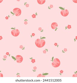 Seamless pattern with peach fruit, green leaf and cute flower on pink background vector. 