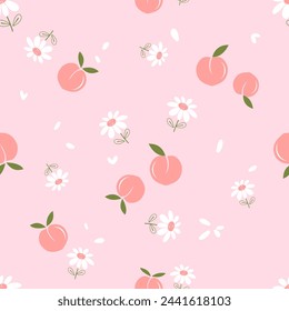 Seamless pattern with peach fruit, green leaves, cute flower and flying petals on pink background vector. Cute fruit print.