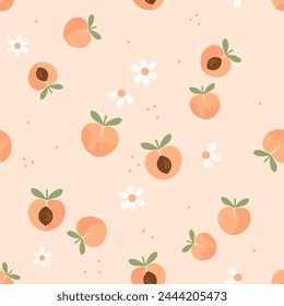 Seamless pattern with peach fruit, green leaves and white flower on orange background vector.