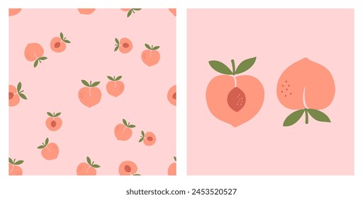 Seamless pattern of peach fruit with green leaves on pink background vector. Peach icon set.