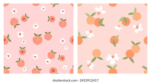 Seamless pattern with peach fruit green leaves, orange fruit and cute flower on pink backgrounds. Cute fruit prints vector.
