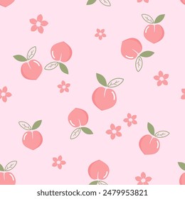 Seamless pattern of peach fruit with green leaves and cute flower on pink background vector.