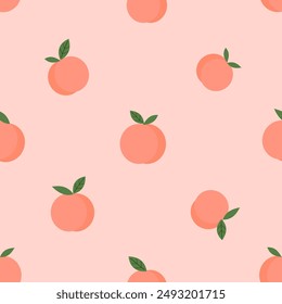 Seamless pattern of peach fruit with green leaves on orange background vector.