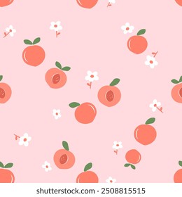 Padrão sem emenda de frutos de pêssego com folhas verdes e flor desenhada à mão bonito no vetor de fundo rosa. Estampa de fruta bonita.