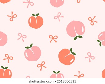 Seamless pattern of peach fruit with green leaves and ribbon bow on pink background vector.