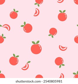 Seamless pattern of peach fruit with green leaves on pink background vector.