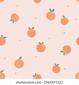 Seamless pattern of peach fruit with green leaves and small dot on orange background vector.