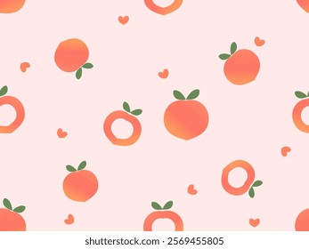 Seamless pattern of peach fruit with green leaves and small hearts on pink background vector. 