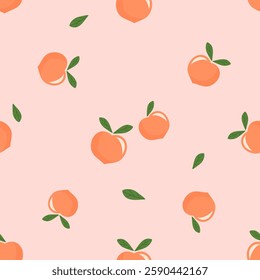 Seamless pattern of peach fruit with green leaves on pink background vector.