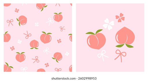 Seamless pattern of peach fruit with green leaves, cute flower and ribbon bows on pink background vector.