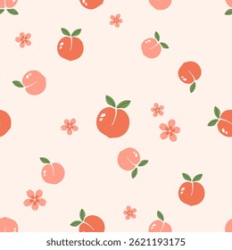 Seamless pattern of peach fruit with green leaves and flower on pink background vector.