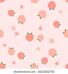 Modelo inconsútil de la fruta del melocotón con las hojas verdes y la flor linda en Vector rosado del fondo.