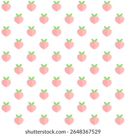 Seamless pattern with peach fruit with green leaf on white background..Summer.Surface for textile.Decoration ornament for fabric or cloth.Modern backdrop.Cute wrapping paper.Vector illustration.