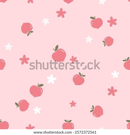 Seamless pattern of peach fruit with green leaves and cute flower on pink background vector.