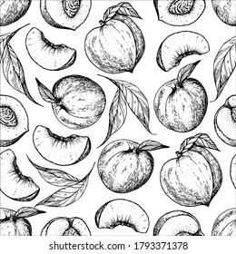 Seamless pattern with peach fruit. Hand drawn sketch. Black and white style illustration. Vector illustration.