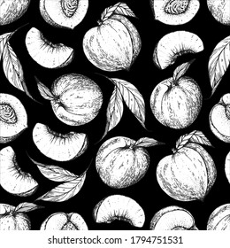 Seamless pattern with peach fruit. Hand drawn sketch. Black and white style illustration. Vector illustration.