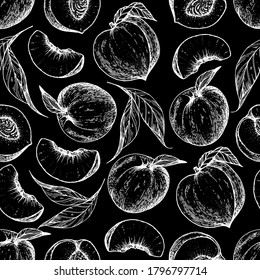 Seamless pattern with peach fruit. Hand drawn sketch. Black and white style illustration. Vector illustration.