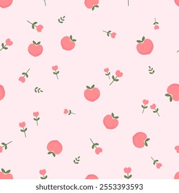 Seamless pattern with peach fruit and heart shape flower on pink background vector.