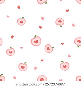 Seamless pattern of peach fruit and heart shape seed on white background vector. Cute fruit print.