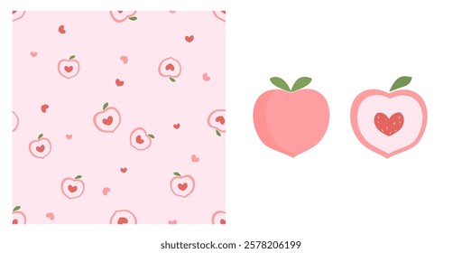 Seamless pattern of peach fruit and heart shape seed on white background vector. Cute fruit print.