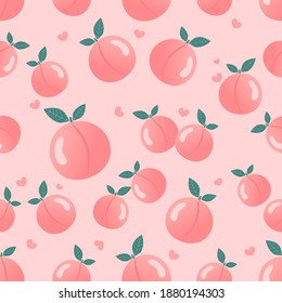 Seamless pattern with peach fruit and hearts on pink background vector illustration. Cute fruit print.