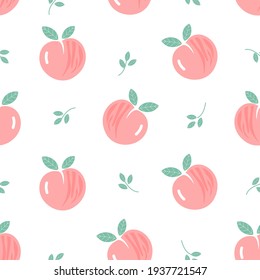 Seamless pattern with peach fruit and leaves on white background vector illustration. Cute hand drawn fruit pattern.