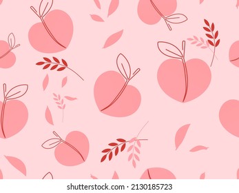 Seamless pattern with peach fruit and leaves on pink background vector illustration.