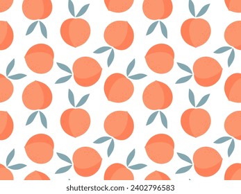 Seamless pattern with peach fruit. Fruit with peach leaves. Organic tropical food template for wallpaper, wrapping paper, textile, scrapbooking. Healthy sweet fruit. Repeated Vector illustration.