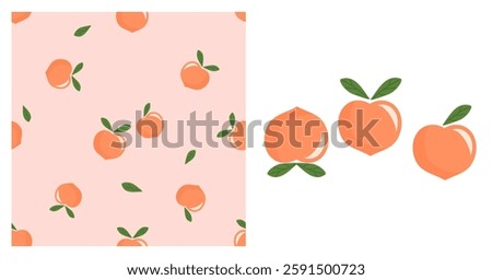 Seamless pattern with peach fruit on pink background. Peach apricot with green leaves icon sign isolated on white background vector.