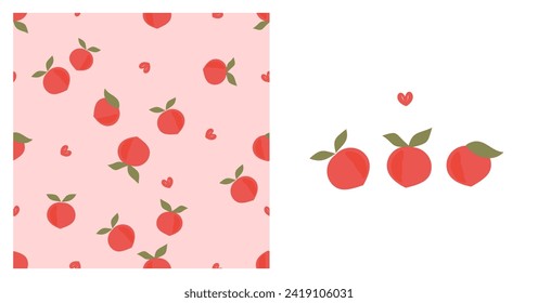 Seamless pattern with peach fruit and red hearts on pink background vector illustration. Peach with green leaf icon sign isolated on white background.  