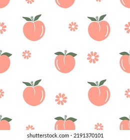 Seamless pattern with peach fruit and retro daisy flower on pastel background vector illustration. Cute fruit print.