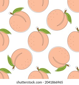 Seamless pattern with peach. Fruit in a single line with the addition of color. Summer background. Vector illustration isolated on white background.