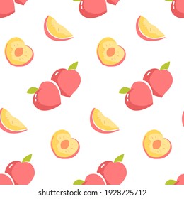 Seamless pattern with peach fruit and sliced peaches. Repeat design with stylied fruit drawing