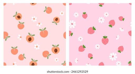 Seamless pattern with peach fruit, strawberry, green leaves and cute flower on pink backgrounds vector.