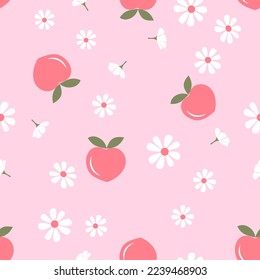 Seamless pattern with peach fruit and white flower on pink background vector illustration. Cute fruit print.