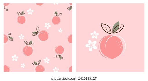 Seamless pattern with peach fruit and white flower on pink background. Peach icon sign vector.