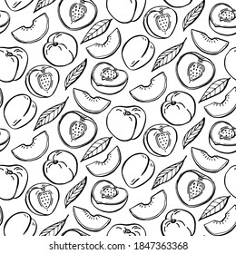 Patrón sin mar con frutos y hojas de melocotón. Estilo gráfico de grabado a mano. Ilustración de cartón para embalaje, tarjetas de menú, carteles, impresiones.
