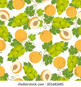 Seamless pattern with  peach and grapes on white background. Vector illustration.