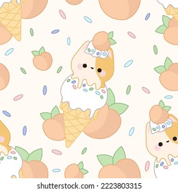 Seamless pattern of peach ice cream in a cat-shaped cone with sprinkles and strawberries. On a white background.